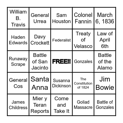 Texas Revolution Bingo Card