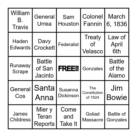 Texas Revolution Bingo Card