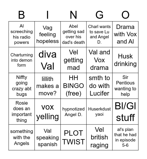 Hazbin Hotel episode 7-8 predictions Bingo Card