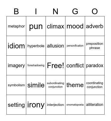 Elements of Language Bingo Card