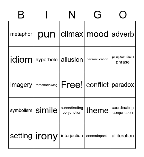 Elements of Language Bingo Card