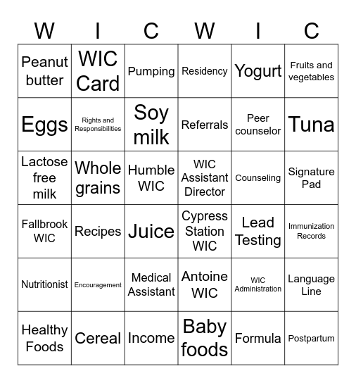 WIC Bingo Card