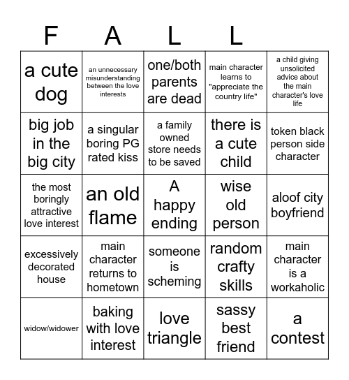 hallmark movie tropes Bingo Card