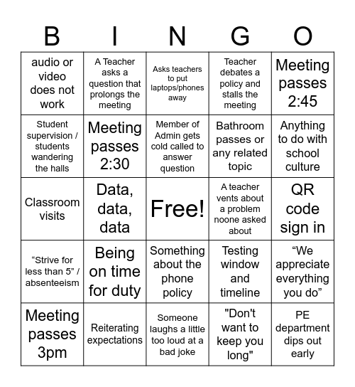 Staffulty Meeting Bingo Card