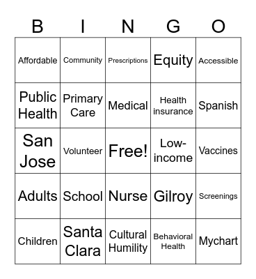 School Health Clinic of Santa Clara County Bingo Card