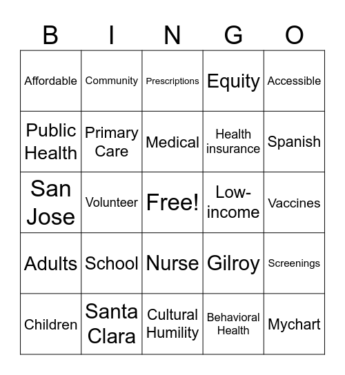 School Health Clinic of Santa Clara County Bingo Card