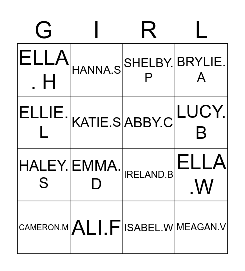 Dating girl's  Bingo Card