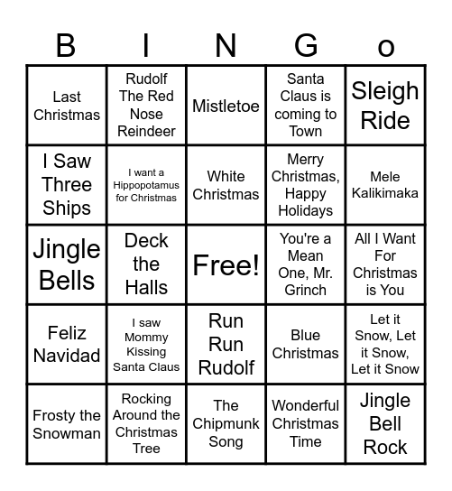 Holiday Music BINGO Card