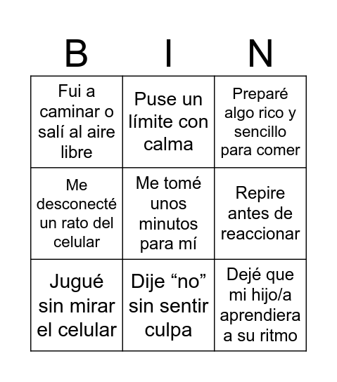 Taller para padres Bingo Card