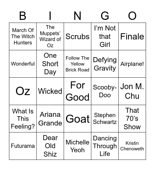 Wicked & Oz Bingo Card
