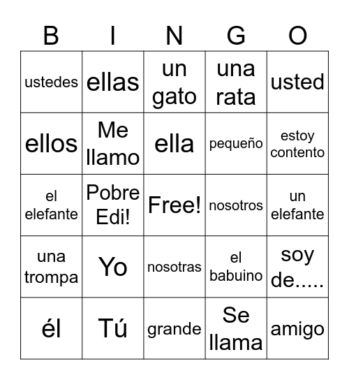 Spanish subject pronouns Bingo Card