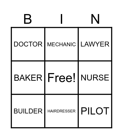 JOBS AND OCCUPATIONS BINGO Card