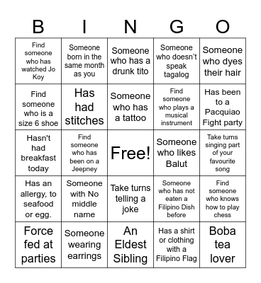 Filipino Human Bingo Card