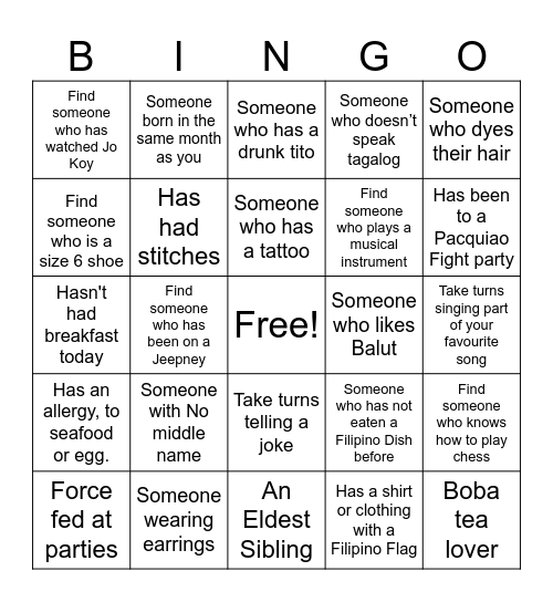 Filipino Human Bingo Card