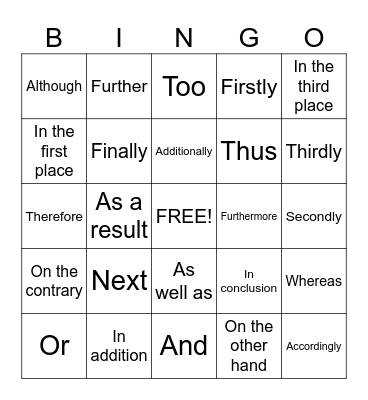 Transition Words Bingo Card