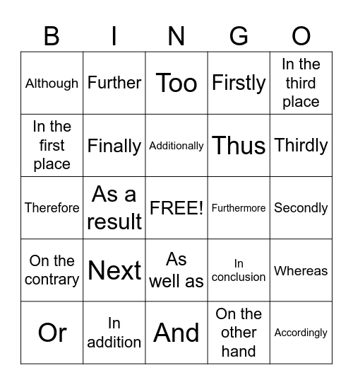 Transition Words Bingo Card