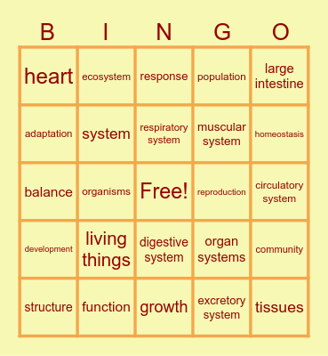 Living Systems 3.3 QUIZ Bingo Card