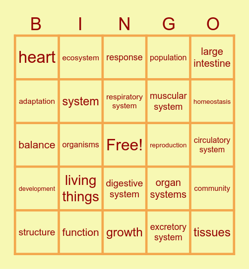 Living Systems 3.3 QUIZ Bingo Card