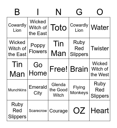 Wizard of Oz Bingo 1 Bingo Card