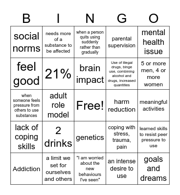 Addiction Bingo Card