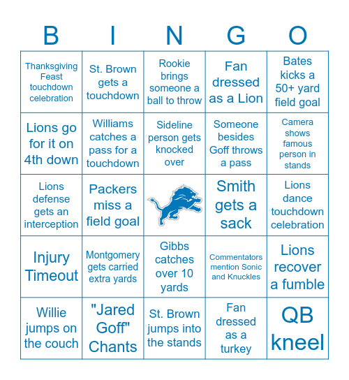 Lions Thanksgiving Bingo Card
