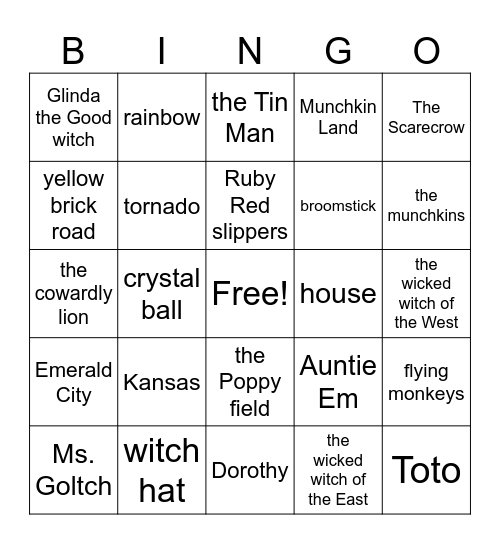 Wizard of Oz Bingo 2 Bingo Card