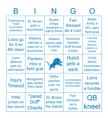 Lions Thanksgiving Bingo Card
