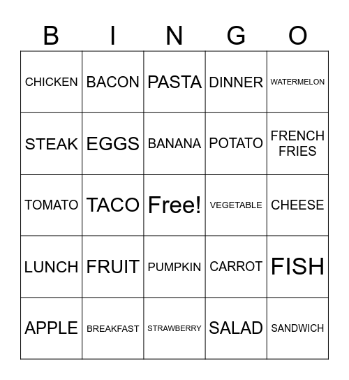 Food Bingo: ASL 2 Bingo Card