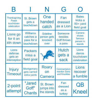 Lions Thanksgiving Bingo Card