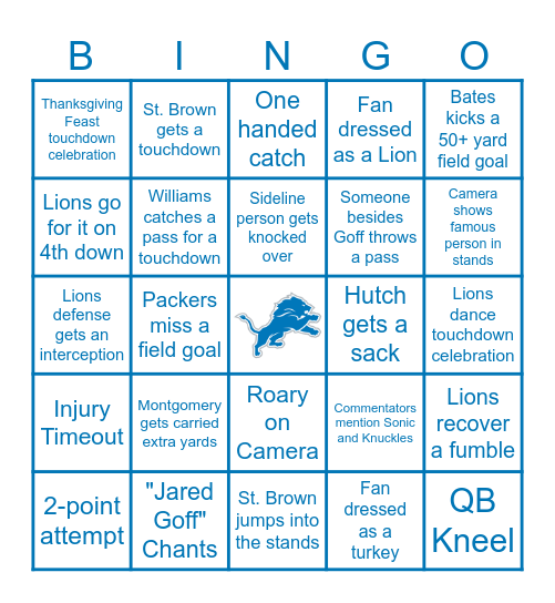 Lions Thanksgiving Bingo Card