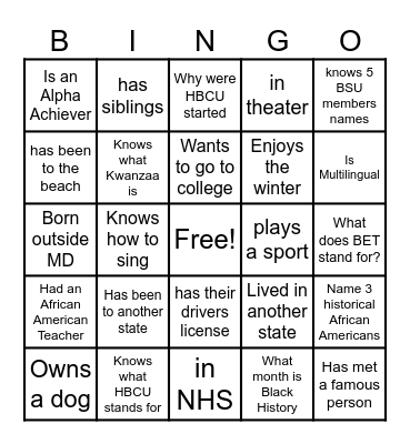 Black Student Union Bingo Card
