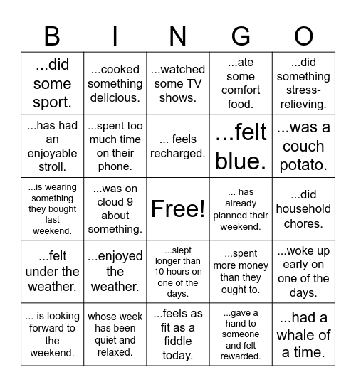 The summary of the week Bingo Card
