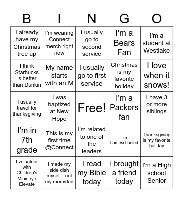 Connect Friendsgiving Bingo Card
