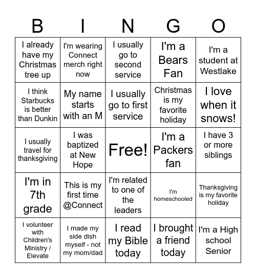 Connect Friendsgiving Bingo Card