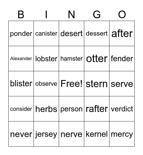 R- Controlled BINGO  (er) Bingo Card