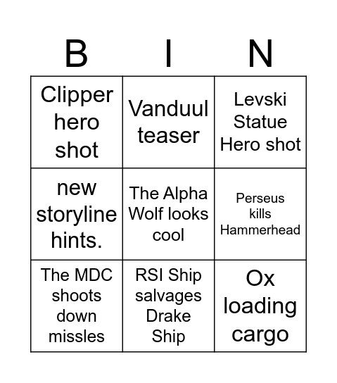 Star citizen 4.4 Trailer Bingo Card Bingo Card