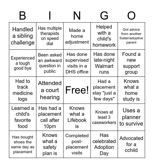 Adventures in Adoption and Foster Care Bingo Card