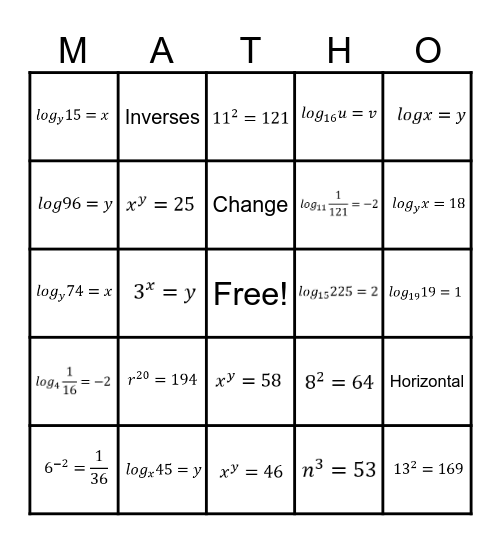 WRITING LOGS AND EXPONENTS Bingo Card
