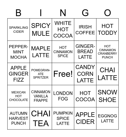 COOLER WEATHER DRINKS Bingo Card