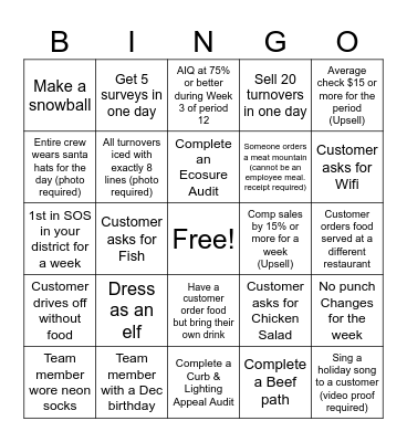 Arby's BINGO Card