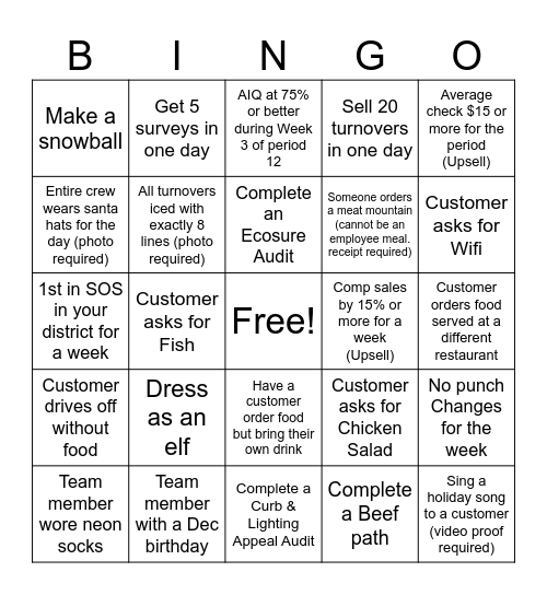 Arby's BINGO Card