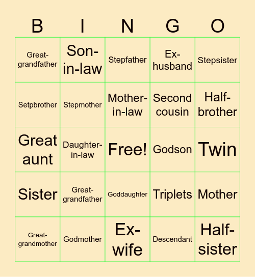 Family Bingo Card