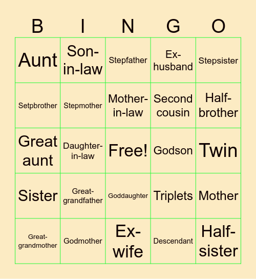 Family Bingo Card