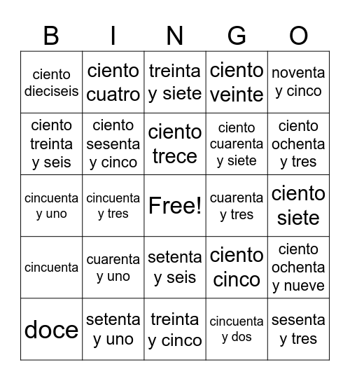 Spanish Numbers Bingo Card