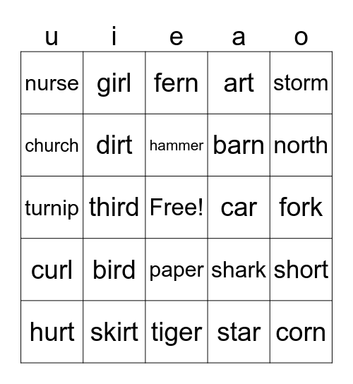 R Controlled Vowels Bingo Card