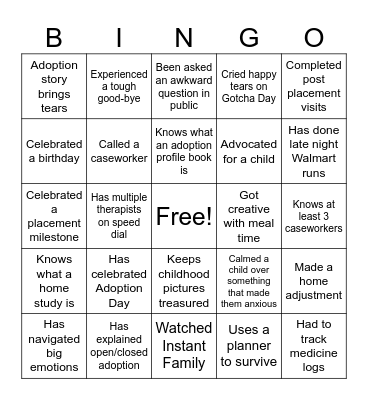 Adventures in Adoption and Foster Care Bingo Card