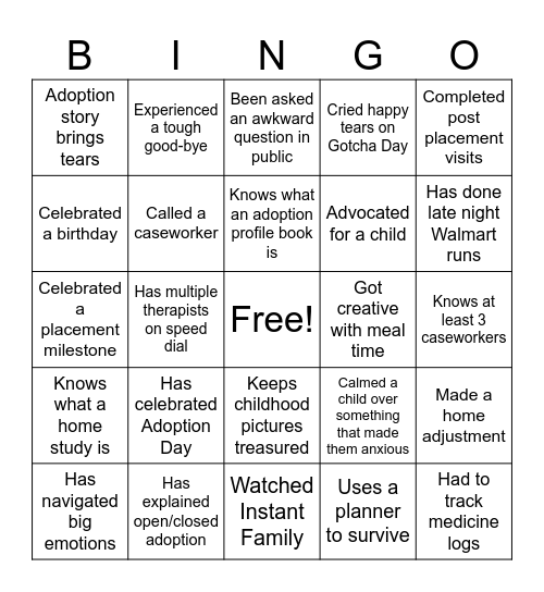 Adventures in Adoption and Foster Care Bingo Card