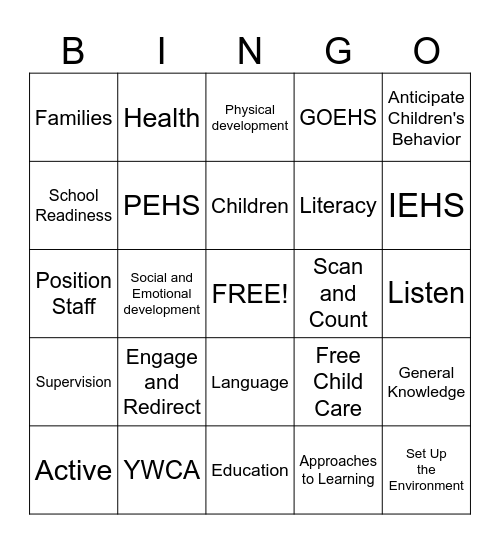 Active Supervision Bingo Card