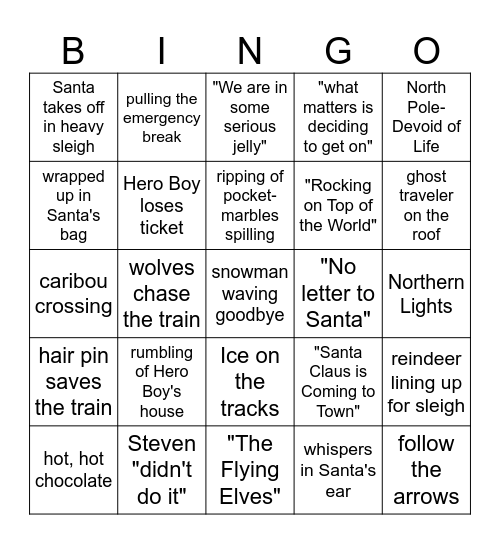 Polar Express Bingo Card