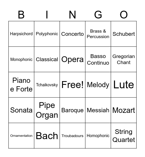 Music History Bingo Card